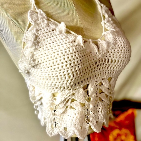 WHITE FESTIVAL OR SWIM TOP WITH CRYSTAL EMBELLISHMENTS - Picture 6 of 9